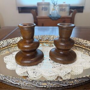 Vintage Wooden Round Taper Candle Holders